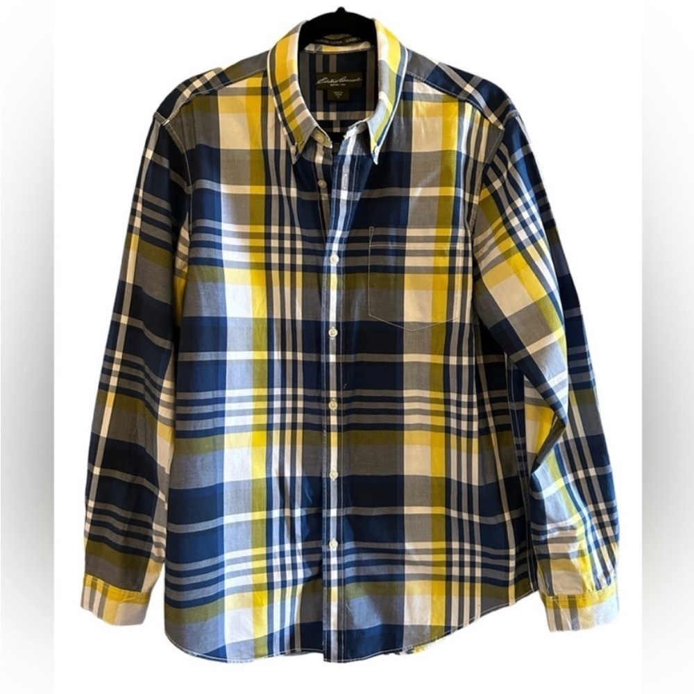 Eddie Bauer blue yellow and white plaid long sleeve men's shirt size M